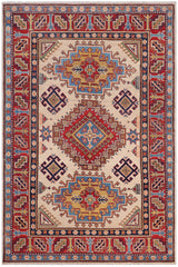 handmade Geometric Kazak Beige Red Hand-made RECTANGLE 100% WOOL area rug 4' x 6'