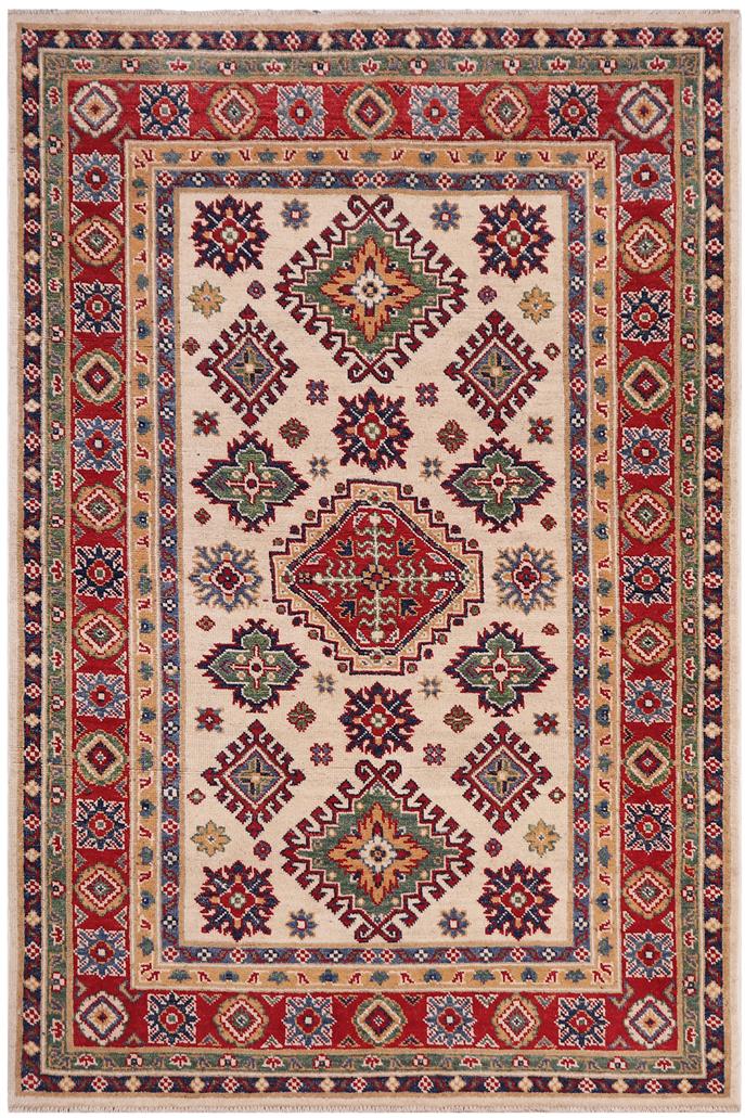 handmade Geometric Kazak Beige Red Hand-made RECTANGLE 100% WOOL area rug 4' x 6'