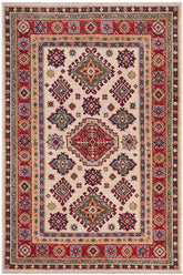 handmade Geometric Kazak Beige Red Hand-made RECTANGLE 100% WOOL area rug 4' x 6'