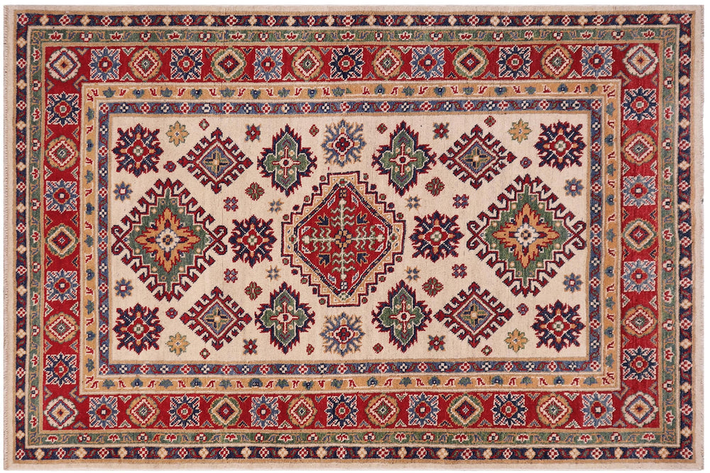 handmade Geometric Kazak Beige Red Hand-made RECTANGLE 100% WOOL area rug 4'X6'