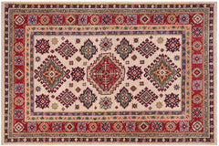 handmade Geometric Kazak Beige Red Hand-made RECTANGLE 100% WOOL area rug 4'X6'