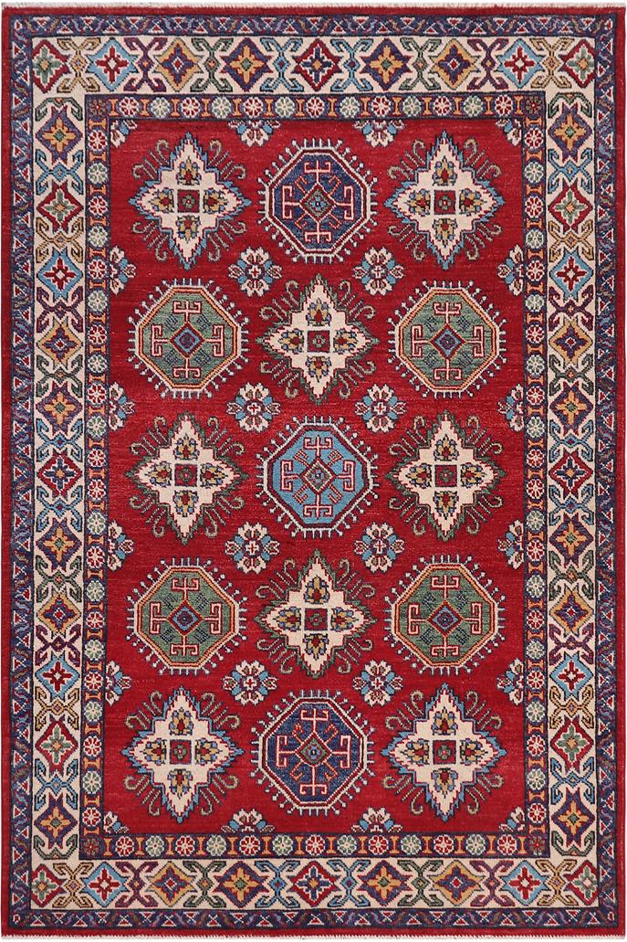 handmade Geometric Kazak Red Beige Hand-made RECTANGLE 100% WOOL area rug 4' x 6'