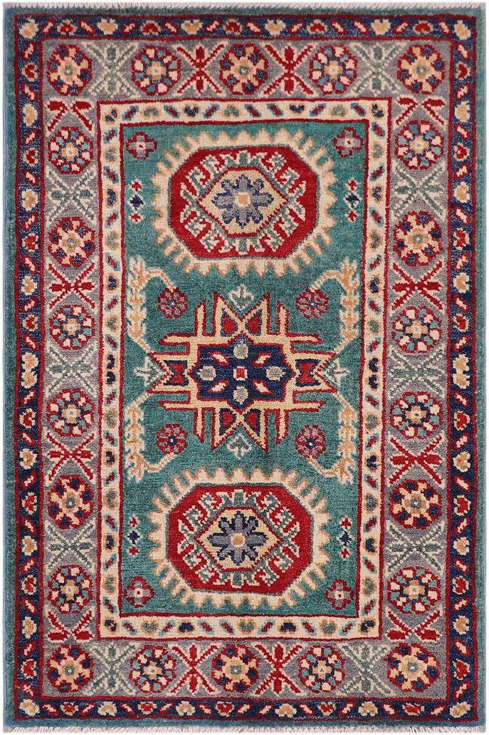handmade Geometric Kazak Green Gray Hand-made RECTANGLE 100% WOOL area rug 2' x 3'