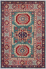 handmade Geometric Kazak Green Gray Hand-made RECTANGLE 100% WOOL area rug 2' x 3'