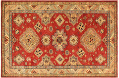 handmade Geometric Super Kazak Red Tan Hand Knotted RECTANGLE 100% WOOL area rug 4' x 6'