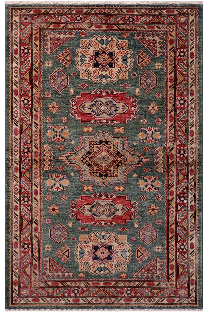handmade Geometric Super Kazak Green Red Hand Knotted RECTANGLE 100% WOOL area rug 4x6