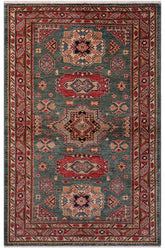 handmade Geometric Super Kazak Green Red Hand Knotted RECTANGLE 100% WOOL area rug 4x6