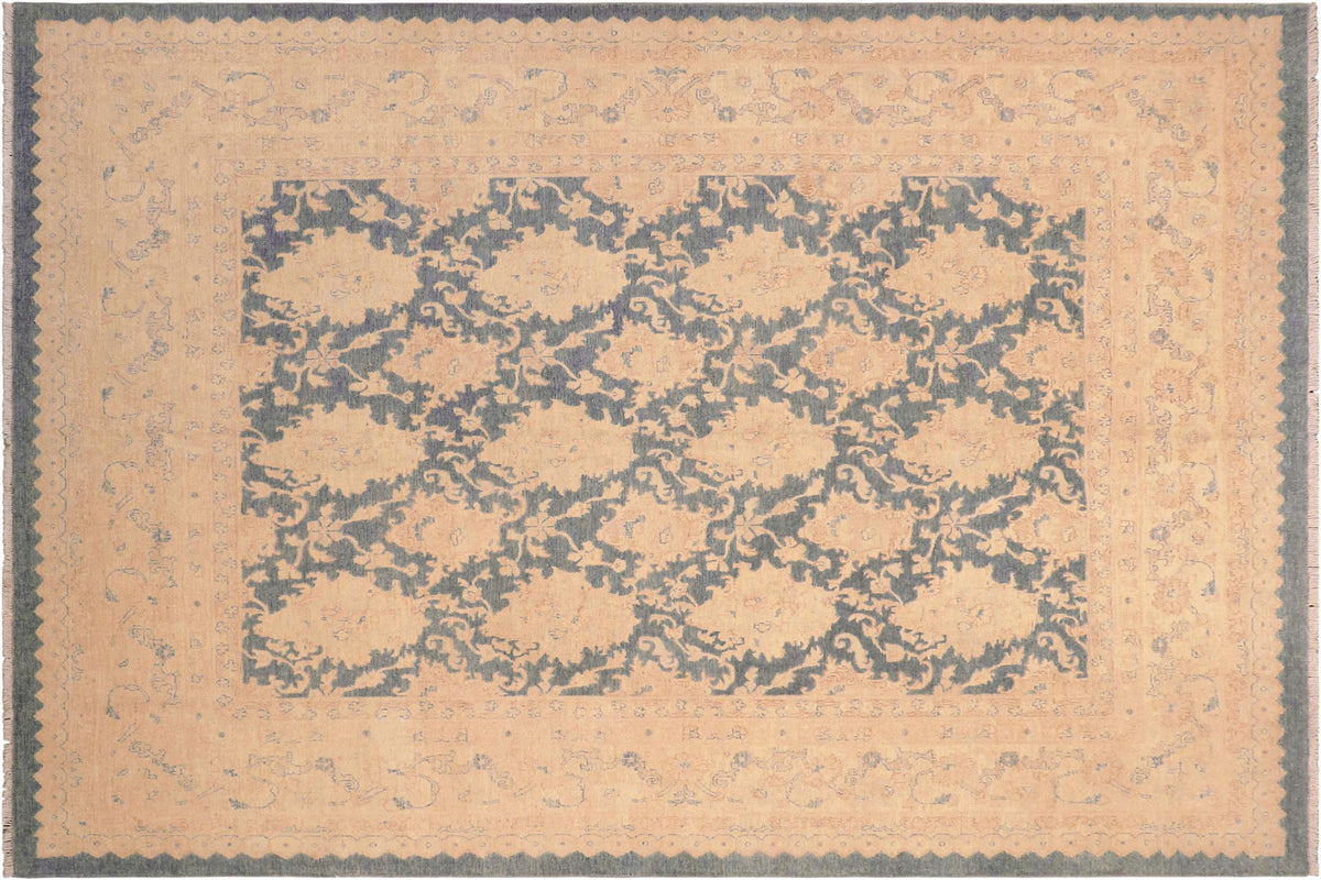 8x9 hand knotted transitional wool rug in blue and beige - Classic Shae