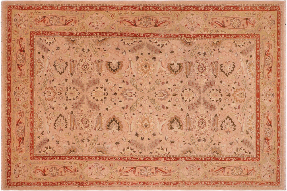handmade Traditional Lahore Tan Lt. Green Hand Knotted RECTANGLE 100% WOOL area rug 6' x 9'