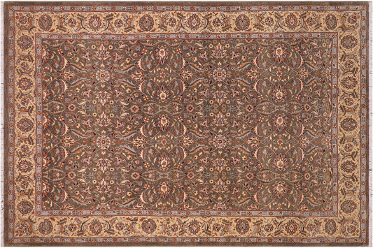 handmade Transitional Lahore Olive Green Lt. Gold Hand Knotted RECTANGLE 100% WOOL area rug 6' x 9'