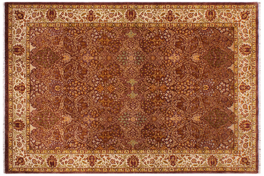 handmade Traditional New Wahid Brown Ivory Hand Knotted RECTANGLE 100% WOOL area rug 6' x 9'