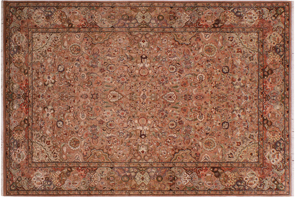 handmade Traditional Lahore Tan Lt. Brown Hand Knotted RECTANGLE WOOL&SILK area rug 6x9