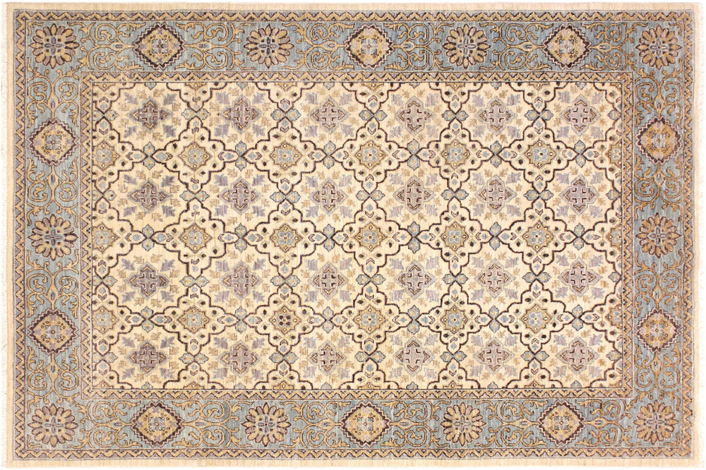 handmade Transitional Kafkaz Ivory Lt. Blue Hand Knotted RECTANGLE 100% WOOL area rug 6' x 8'