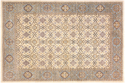 handmade Transitional Kafkaz Ivory Lt. Blue Hand Knotted RECTANGLE 100% WOOL area rug 6' x 8'