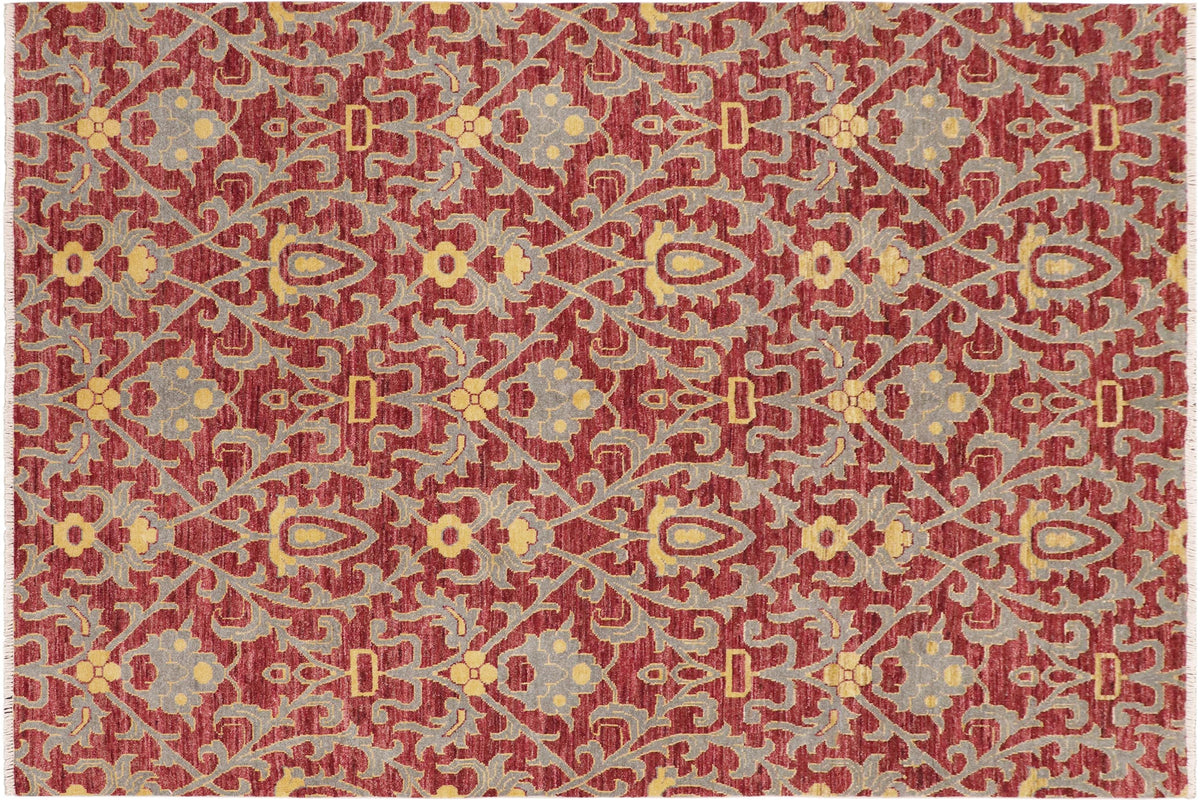 6x9 hand knotted modern wool rug in red and gray - Modern Shaun