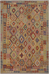 Flat Weave Kilim Antique Navaho Vintage handmade Geometric Kilim Blue Tan Hand-Woven Rectangle 100% Wool Area Rug 7x9