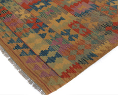 Flat Weave Kilim Antique Navaho Vintage handmade Geometric Kilim Tan Blue Hand-Woven Rectangle 100% Wool Area Rug 5x6