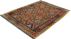 Flat Weave Kilim Antique Navaho Vintage handmade Geometric Kilim Gold Red Hand-Woven Rectangle 100% Wool Area Rug 5x6