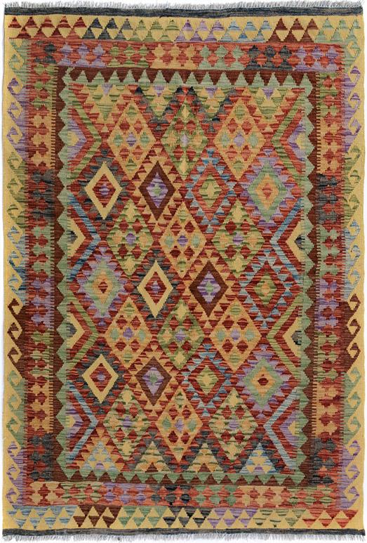 Flat Weave Kilim Antique Navaho Vintage handmade Geometric Kilim Gold Red Hand-Woven Rectangle 100% Wool Area Rug 5x6