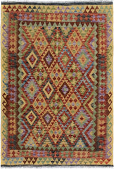 Flat Weave Kilim Antique Navaho Vintage handmade Geometric Kilim Gold Red Hand-Woven Rectangle 100% Wool Area Rug 5x6