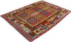Flat Weave Kilim Antique Navaho Vintage handmade Geometric Kilim Blue Red Hand-Woven Rectangle 100% Wool Area Rug 5x7