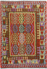 Flat Weave Kilim Antique Navaho Vintage handmade Geometric Kilim Blue Red Hand-Woven Rectangle 100% Wool Area Rug 5x7