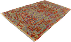 Flat Weave Kilim Antique Navaho Vintage handmade Geometric Kilim Gold Red Hand-Woven Rectangle 100% Wool Area Rug 6x9