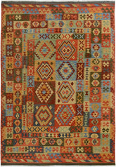 Flat Weave Kilim Antique Navaho Vintage handmade Geometric Kilim Gray Rust Hand-Woven Rectangle 100% Wool Area Rug 7x10
