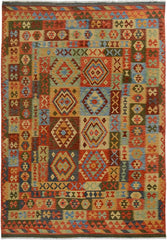 Flat Weave Kilim Antique Navaho Vintage handmade Geometric Kilim Gray Rust Hand-Woven Rectangle 100% Wool Area Rug 7x10