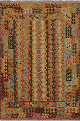 Flat Weave Kilim Antique Navaho Vintage handmade Geometric Kilim Rust Blue Hand-Woven Rectangle 100% Wool Area Rug 5x6