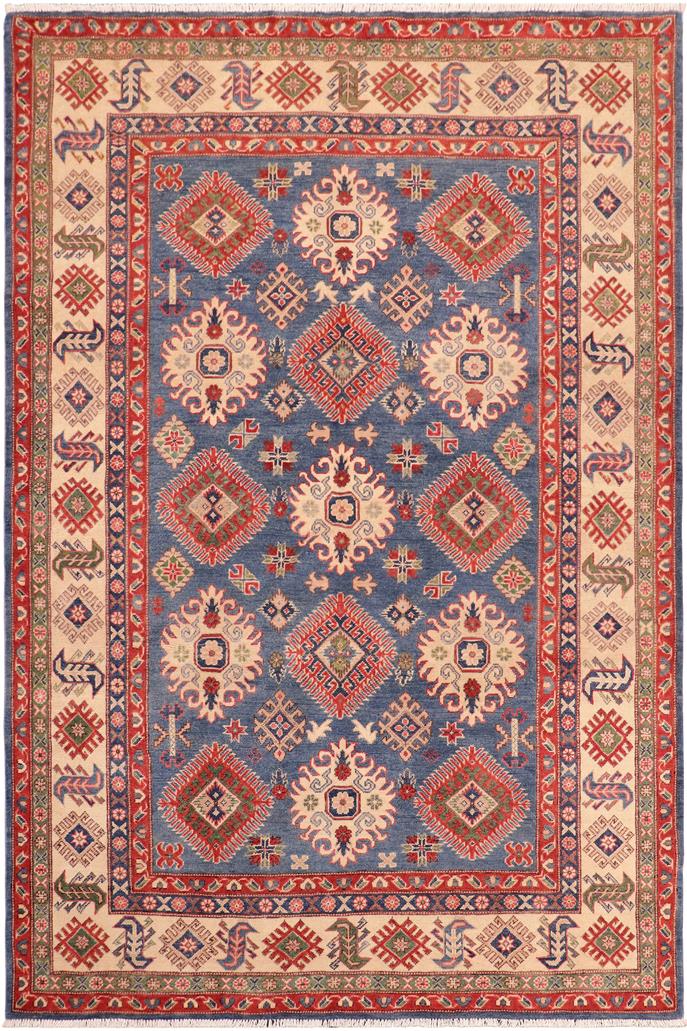 handmade Geometric Kazak Blue Ivory Hand Knotted RECTANGLE 100% WOOL area rug 6' x 9'