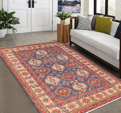 handmade Geometric Kazak Blue Ivory Hand Knotted RECTANGLE 100% WOOL area rug 6' x 9'