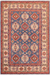handmade Geometric Kazak Blue Ivory Hand Knotted RECTANGLE 100% WOOL area rug 6' x 9'