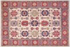 handmade Geometric Kazak Ivory Red Hand Knotted RECTANGLE 100% WOOL area rug 5x8