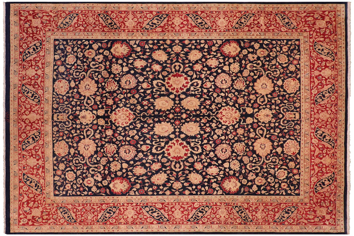 8x10 hand knotted Vegetable Dyed wool rug in blue and red - Kashan Rosemary