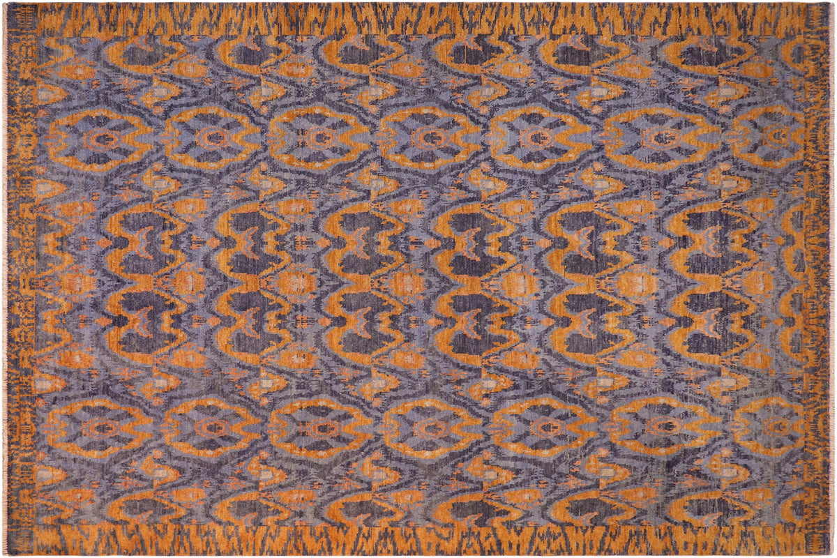 8x10 hand knotted modern wool rug in blue and gold - Eclectic Stefan