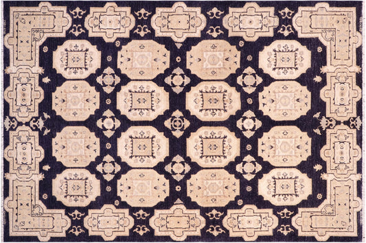 handmade Transitional Kafkaz Blue Tan Hand Knotted RECTANGLE 100% WOOL area rug 5' x 8'