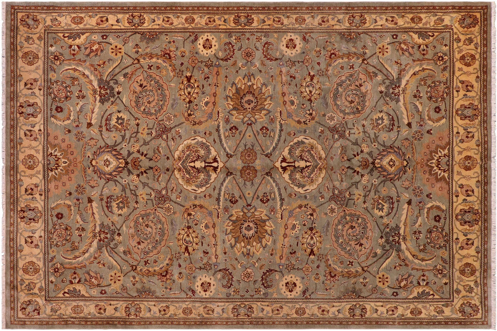 handmade Traditional Lahore Greenish Gr Gold Hand Knotted RECTANGLE 100% WOOL area rug 8' x 10'