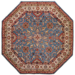 handmade Geometric Kazak Blue Ivory Hand Knotted OCTAGON 100% WOOL area rug 8x8