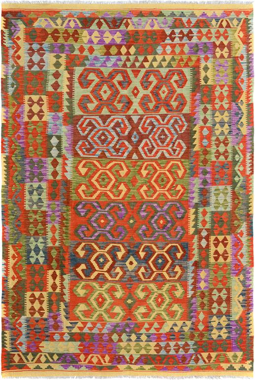 Flat Weave Kilim Antique Navaho Vintage handmade Geometric Kilim Red Green Hand-Woven Rectangle 100% Wool Area Rug 7x10