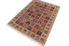 handmade Geometric Kurjean Tan Blue Hand Knotted RECTANGLE WOOL&SILK area rug 7x9