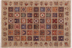 handmade Geometric Kurjean Tan Blue Hand Knotted RECTANGLE WOOL&SILK area rug 7x9