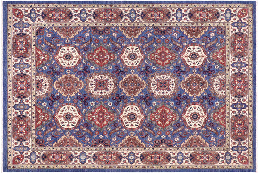 handmade Transitional Kafkaz Blue Ivory Hand Knotted RECTANGLE 100% WOOL area rug 8' x 10'