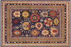 handmade Geometric Kafkaz Blue Beige Hand Knotted RECTANGLE 100% WOOL area rug 9' x 12'