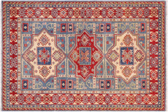 handmade Geometric Kazak Light Blue Beige Hand Knotted RECTANGLE 100% WOOL area rug 5x7