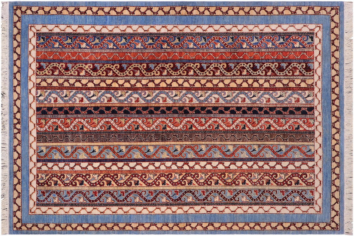 6x8 hand knotted vegetable dyed Shawl wool rug in red and blue - Tribal Shawl Ada