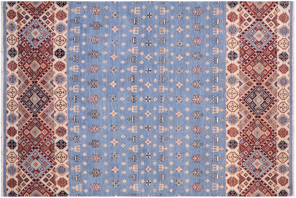 handmade Geometric Kurjean Blue Beige Hand Knotted RECTANGLE 100% WOOL area rug 5x8