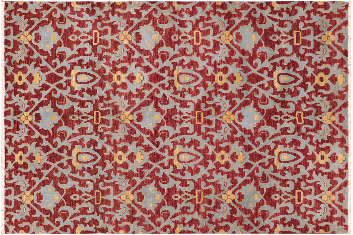 6x9 hand knotted modern wool rug in red and blue - Chic Rosalee