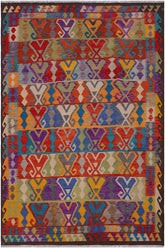 Flat Weave Kilim Antique Navaho Vintage handmade Geometric Kilim Red Brown Hand-Woven Rectangle 100% Wool Area Rug 6x10