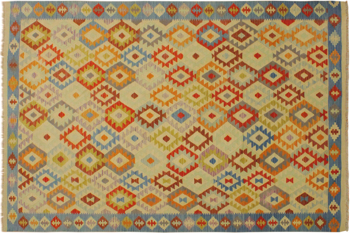 handmade Geometric Kilim Ivory Blue Hand-Woven RECTANGLE 100% WOOL area rug 7 x 10